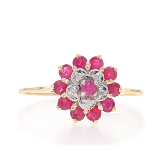 Yellow Gold Ruby Diamond Cluster Cocktail Halo Ring - 14k Round 1.15ctw Floral